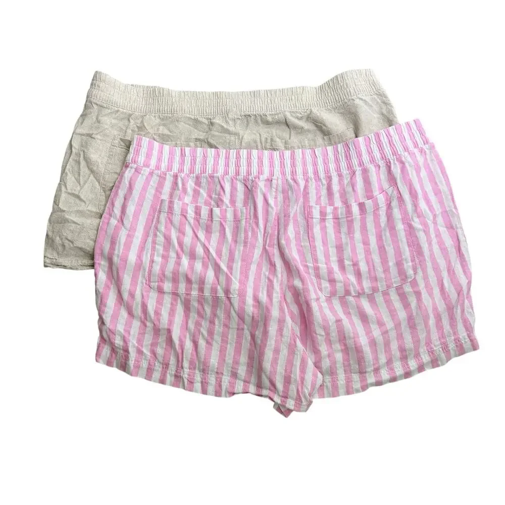 Old Navy Lot of 2 Linen Blend Pull On Shorts 2X Pink Stripe Beige Summer Travel - Picture 2 of 9
